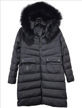 EVA BRAUN Black Mid-Length Puffer Coat Fur Hood Size LL / F